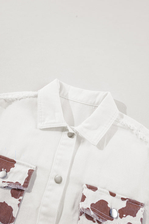 White Cow Spot Patchwork Flap Pocket Distressed Hem Long Denim Jacket